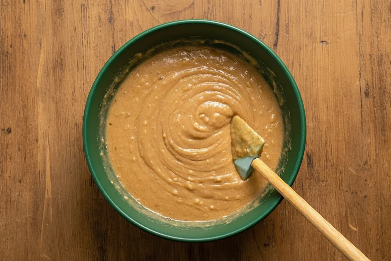 Batter being folded in a bowl with a silicone spatula