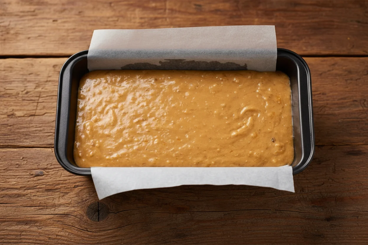 Batter in a lined loaf pan ready for the oven