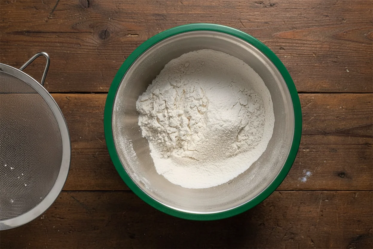 Flour, baking soda, baking powder, and salt in a bowl