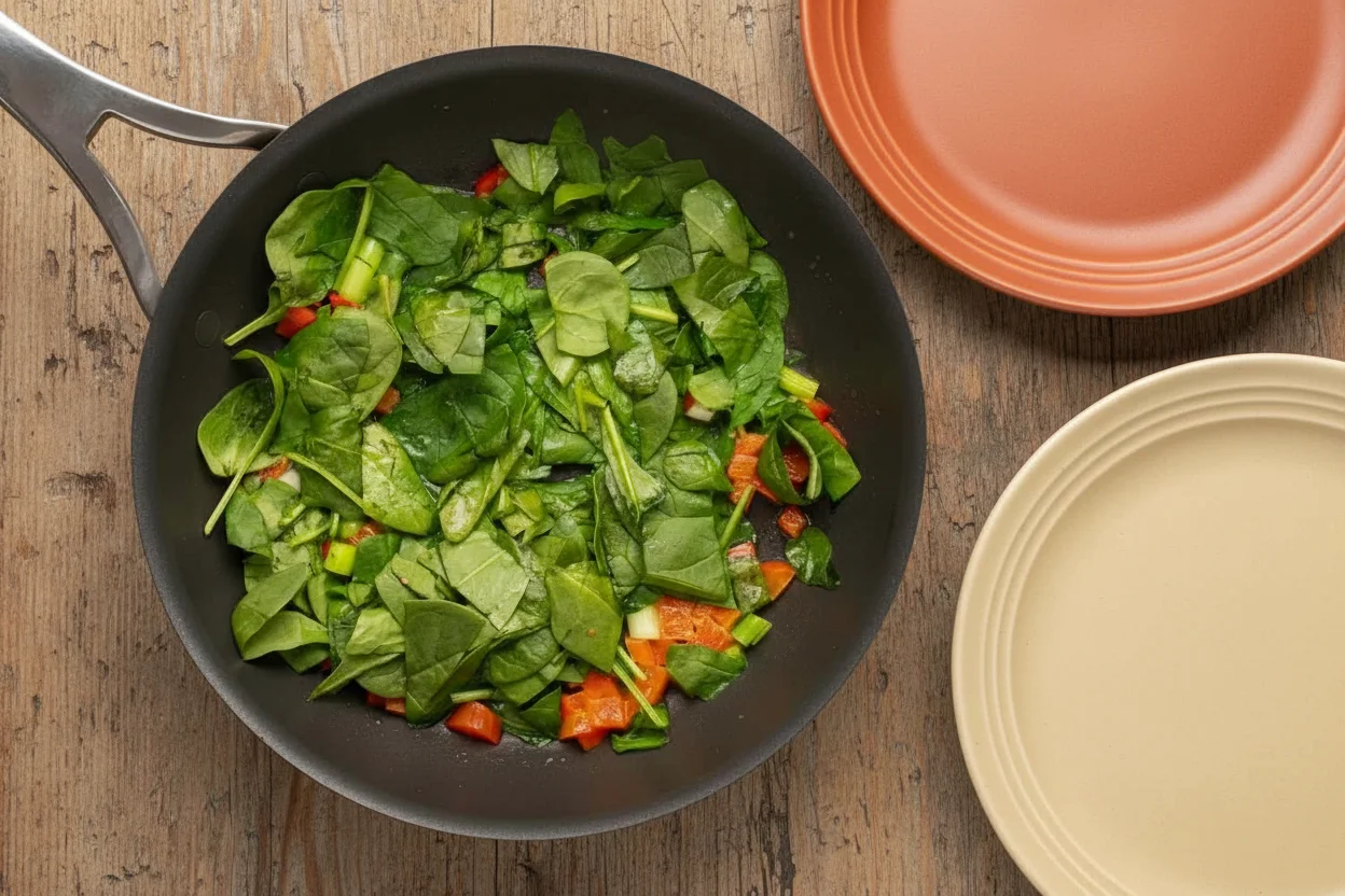 egg white frittata prep: spinach in the skillet