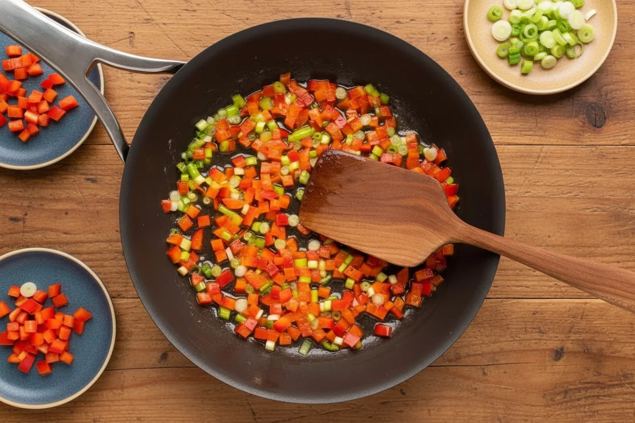 sauté the green onions and bell peppers