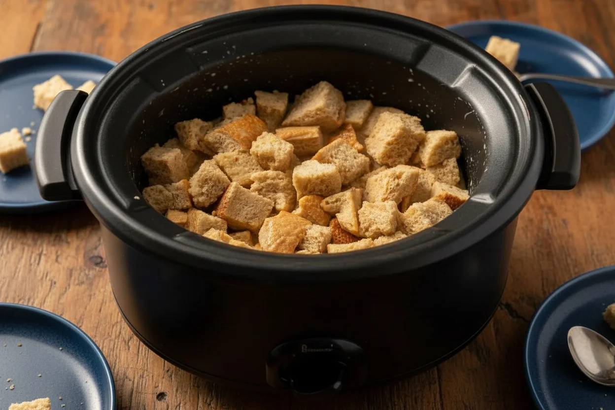 Egg and sugar mixture poured over cubed bread in slow cooker