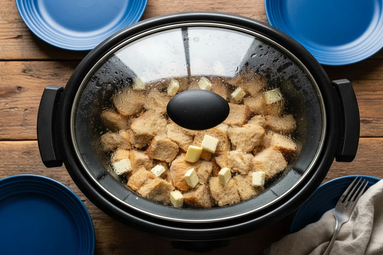 Crock pot French toast cooking with butter cubes
