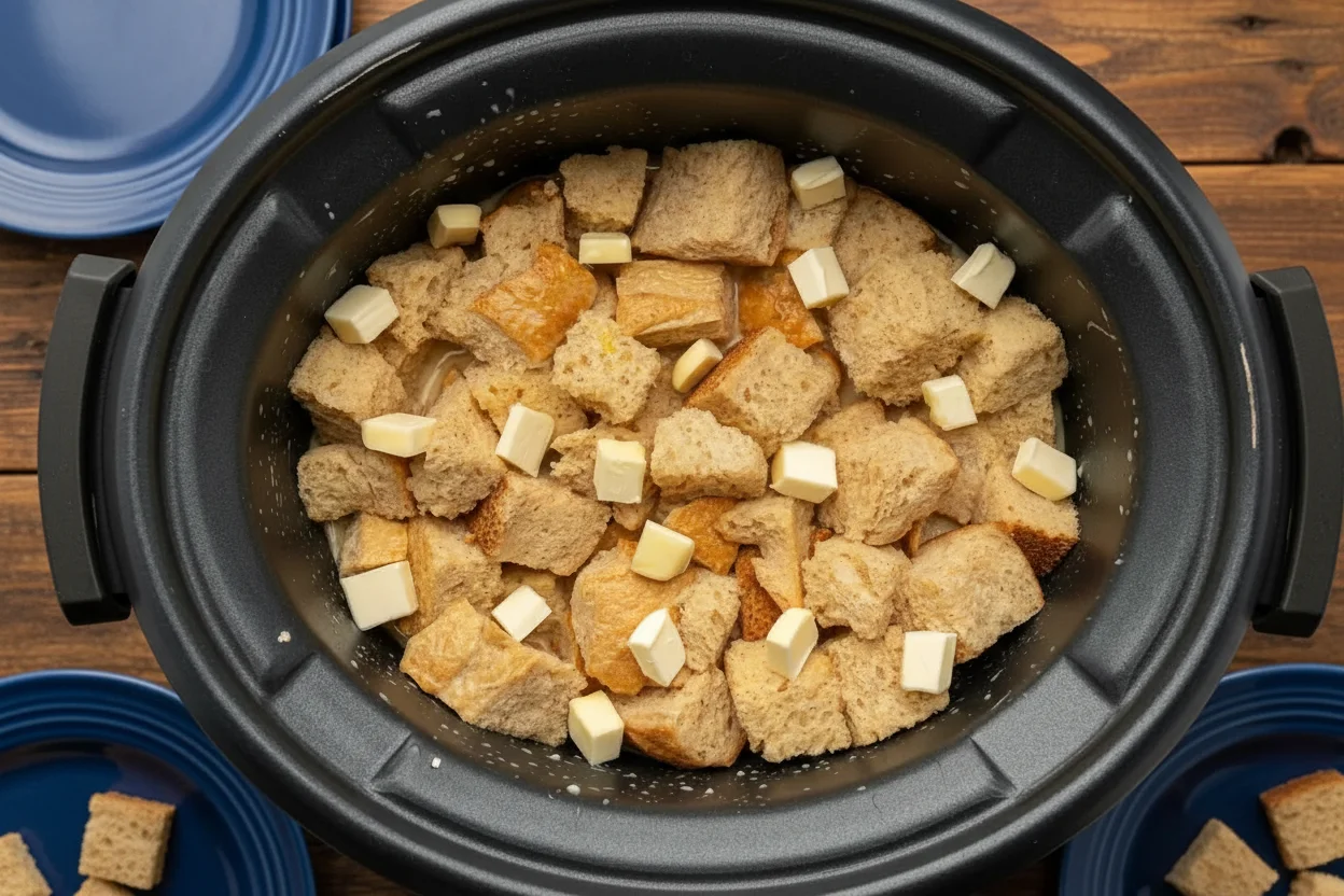 Cubed butter added to crockpot French toast