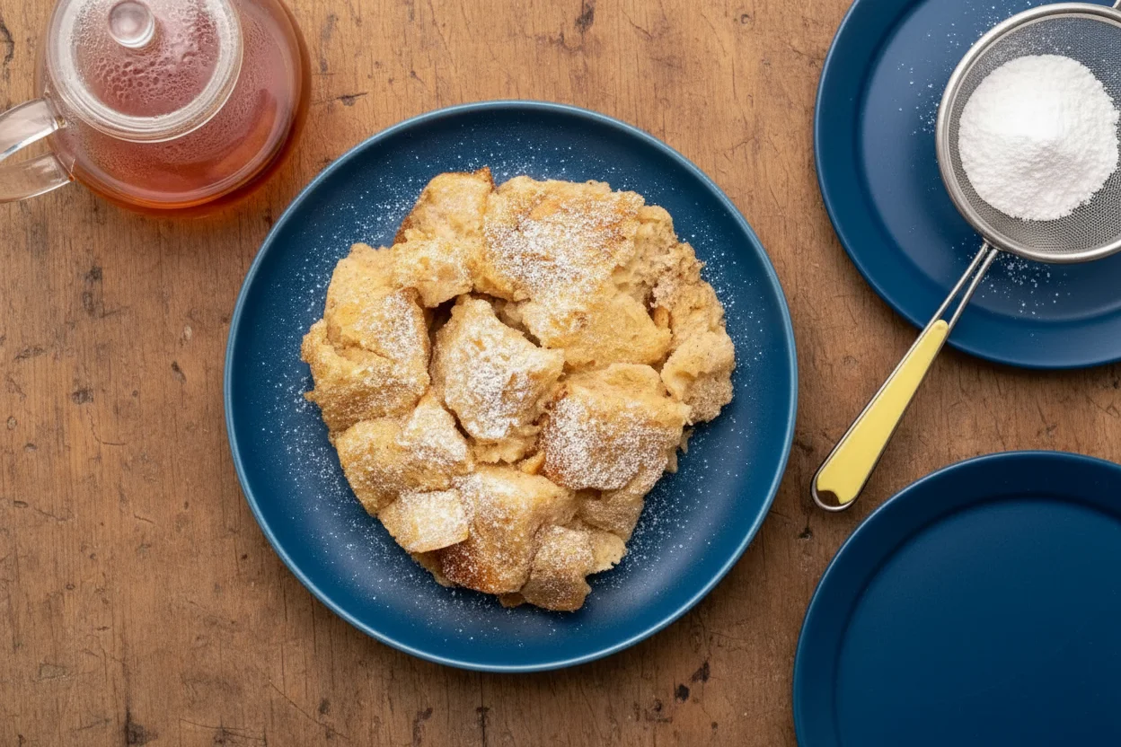 Plate of crock pot French toast with confectioners' sugar and maple syrup