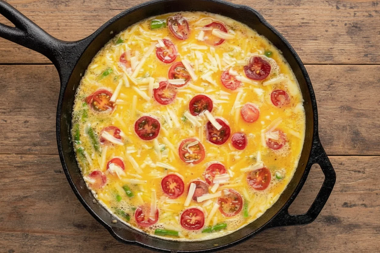 Cooking a frittata in a cast iron skillet.