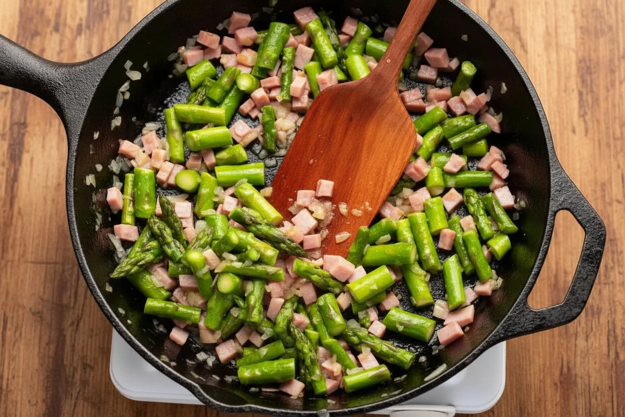 cooking the asparagus and ham for an easy frittata