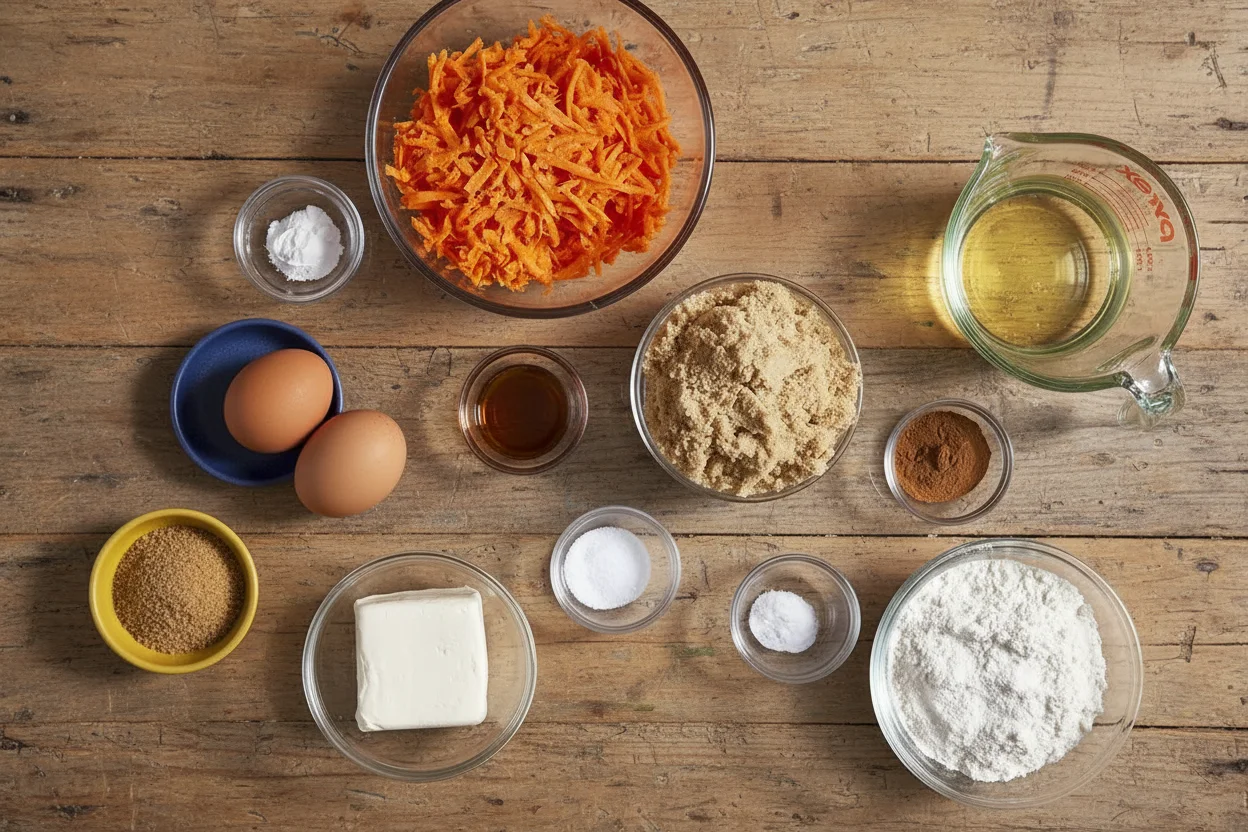 Carrot cake muffin ingredients gathered