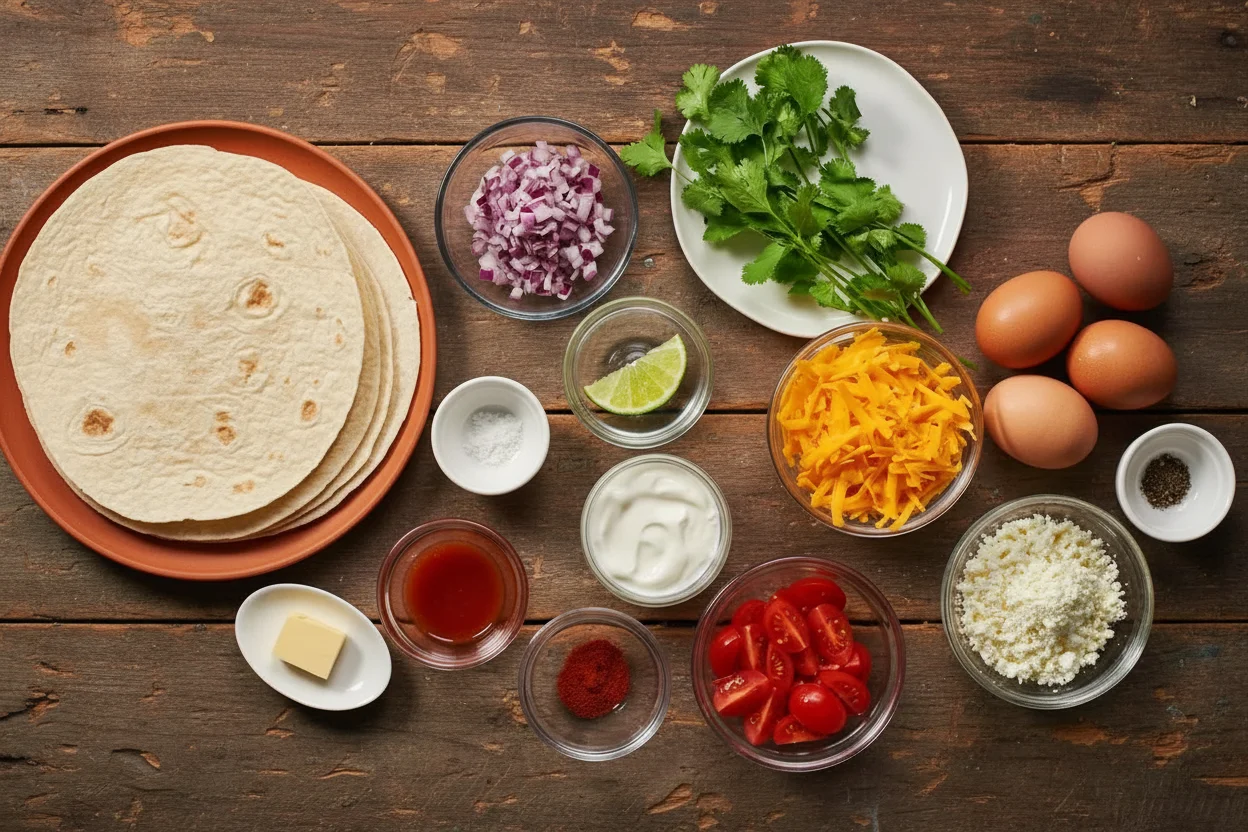 Ingredients to make quesadilla breakfast tacos