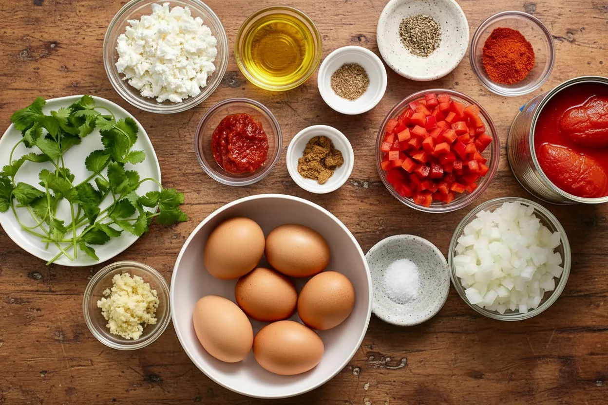 Shakshuka ingredients in bowls