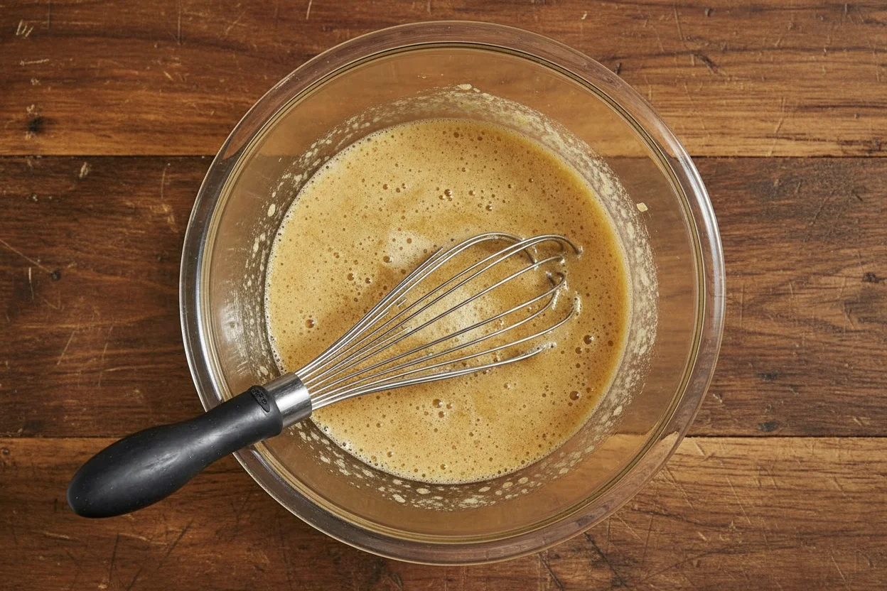 wet ingredients for pumpkin banana bread in bowl with whisk