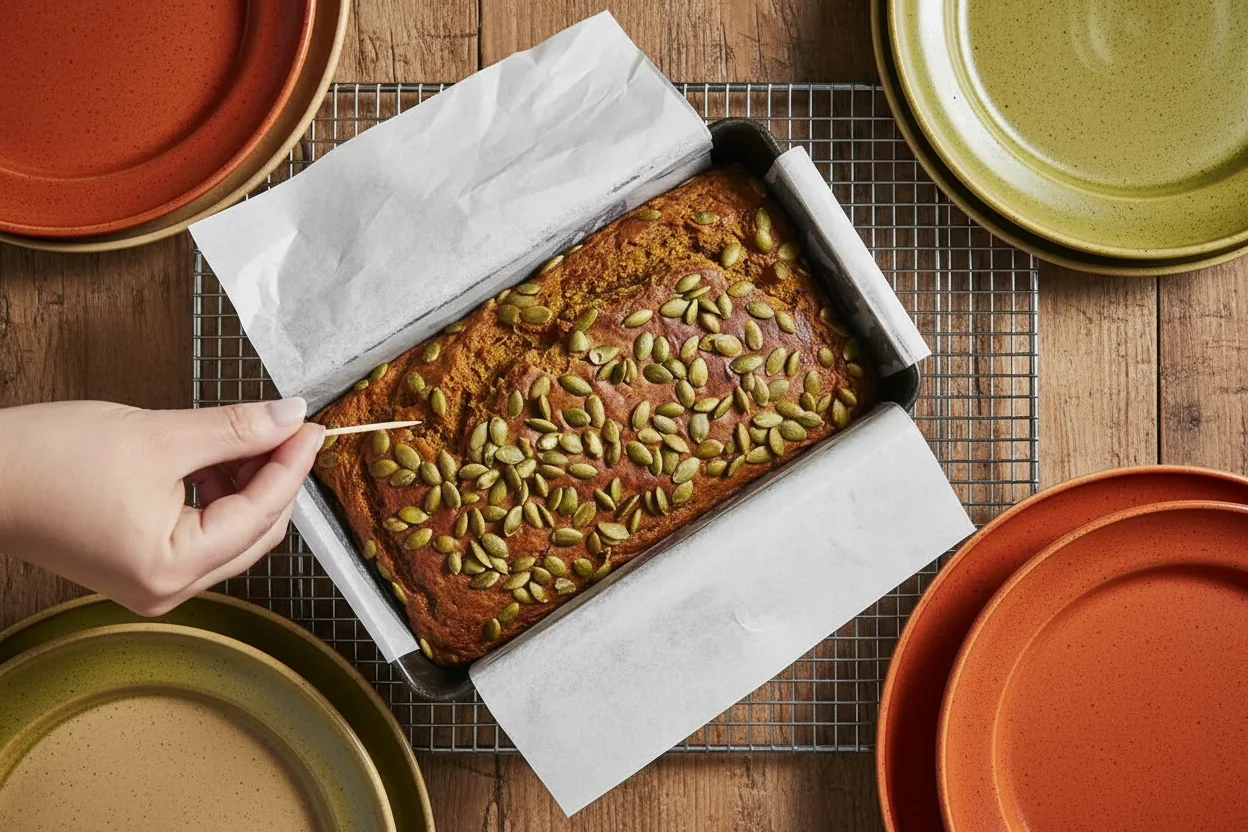 pumpkin banana bread on cooling rack, testing with toothpick