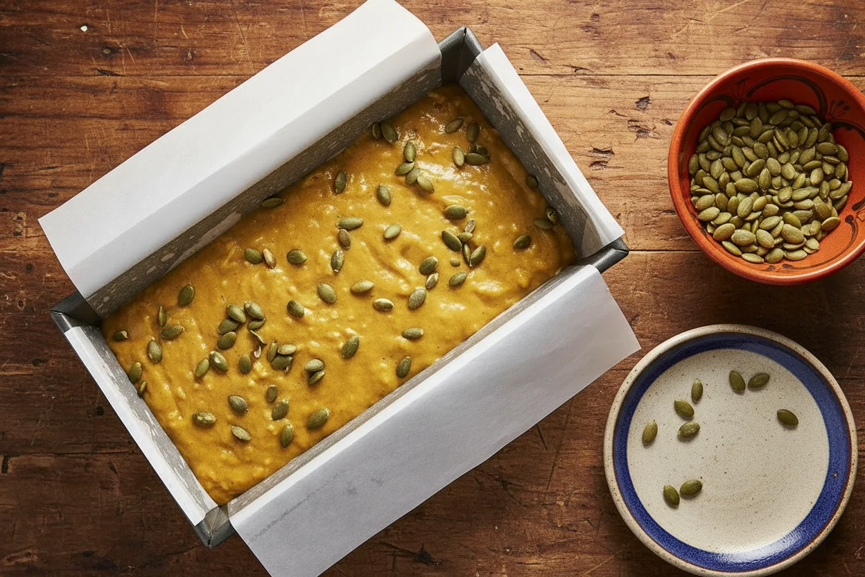 pumpkin seeds on top of banana pumpkin bread batter