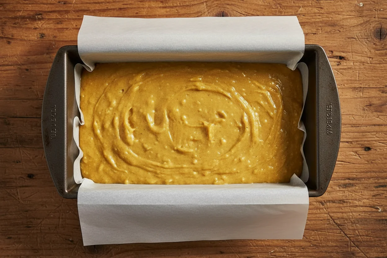 loaf pan filled with pumpkin banana bread batter