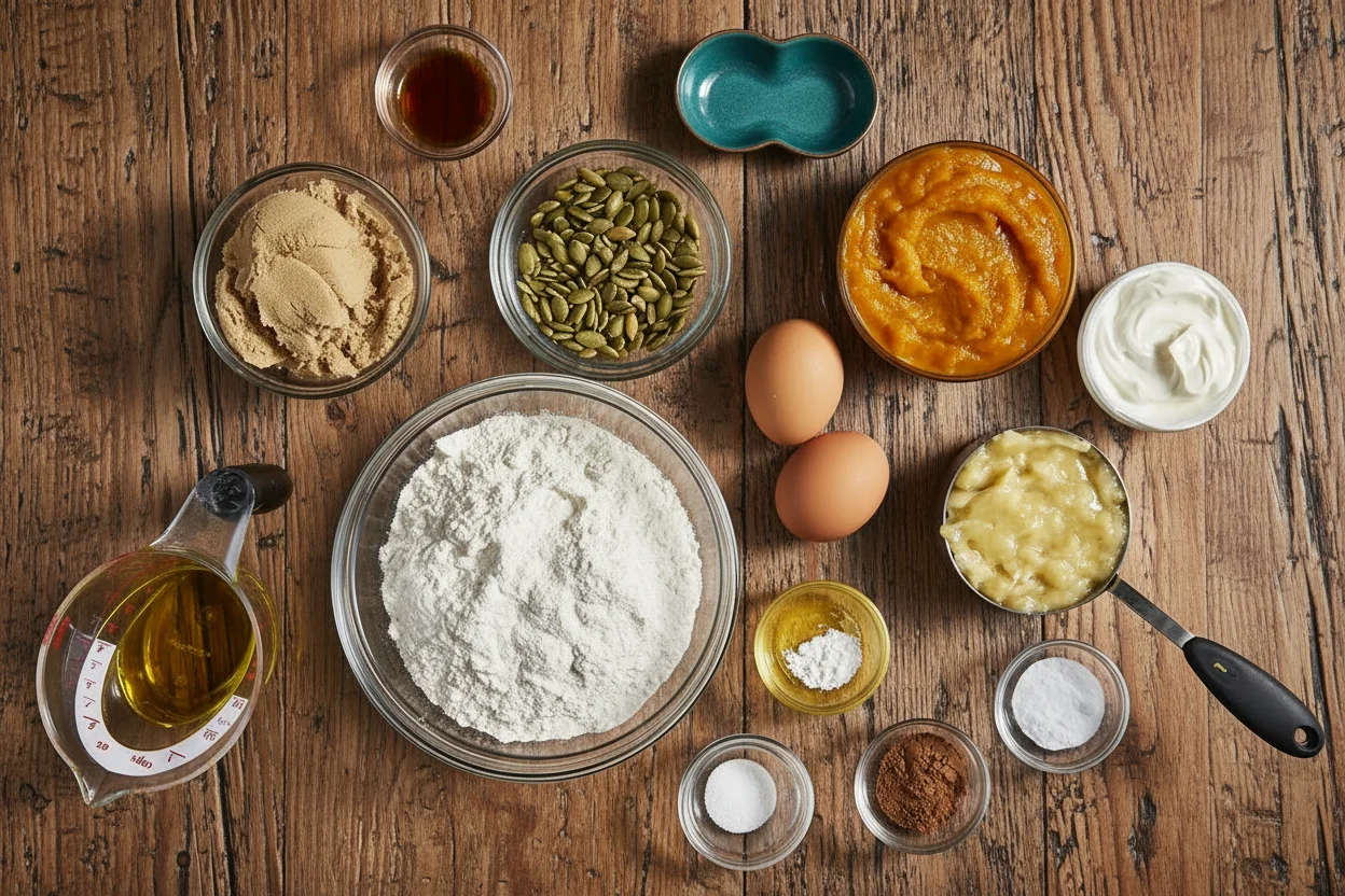 pumpkin banana bread ingredients gathered
